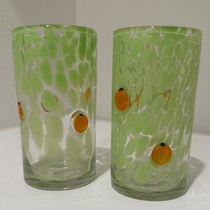 Anthropologie Green and Orange Glass Tumblers pair